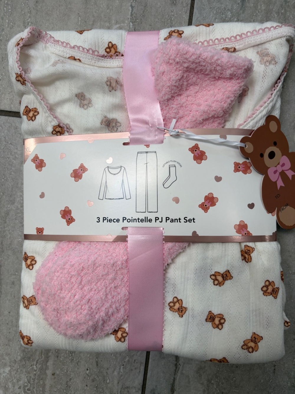 3 Piece Pointelle PJ Pant Set - White with Pink & Brown Teddy Print